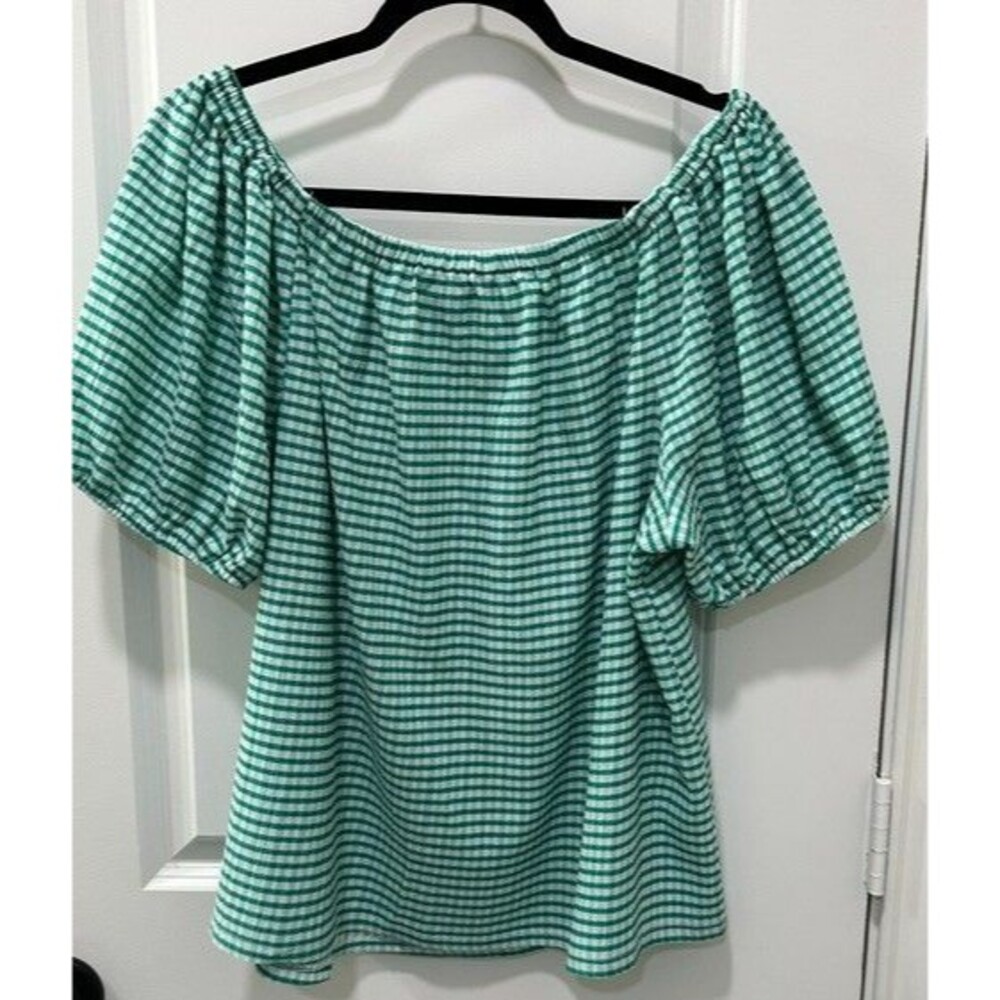 Lane Bryant Off Shoulder Gingham Top Womens Plus Size 18/20 Green White Ruffled